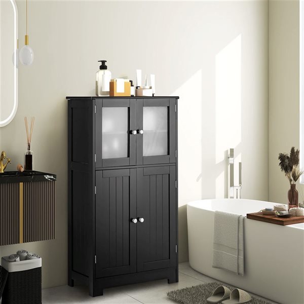 Costway Black Bathroom Floor Storage Cabinet Kitchen Cupboard with Doors and Adjustable Shelf
