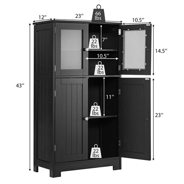 Costway Black Bathroom Floor Storage Cabinet Kitchen Cupboard with Doors and Adjustable Shelf