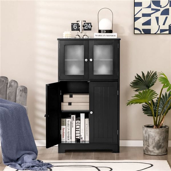 Costway Black Bathroom Floor Storage Cabinet Kitchen Cupboard with Doors and Adjustable Shelf