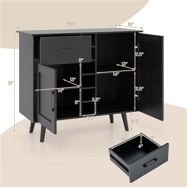 Costway Black 2-Door Wine Bar Cabinet Kitchen Sideboard Buffet