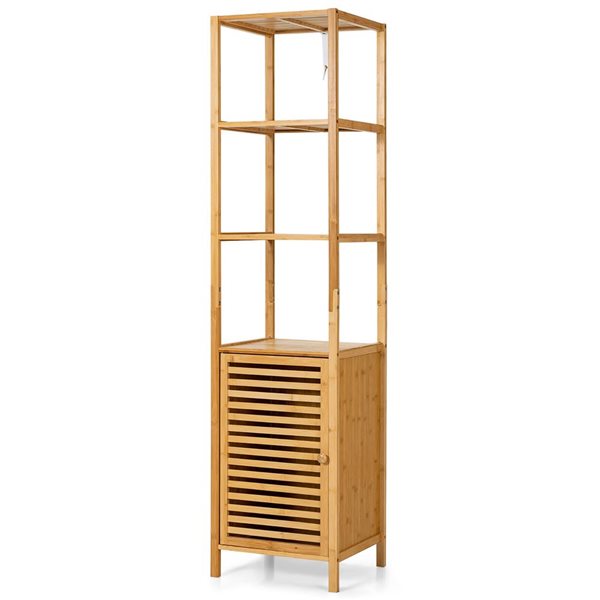 Costway Bamboo 4-Tier Bathroom Storage Floor Cabinet Tower Corner Rack with Louvered Door