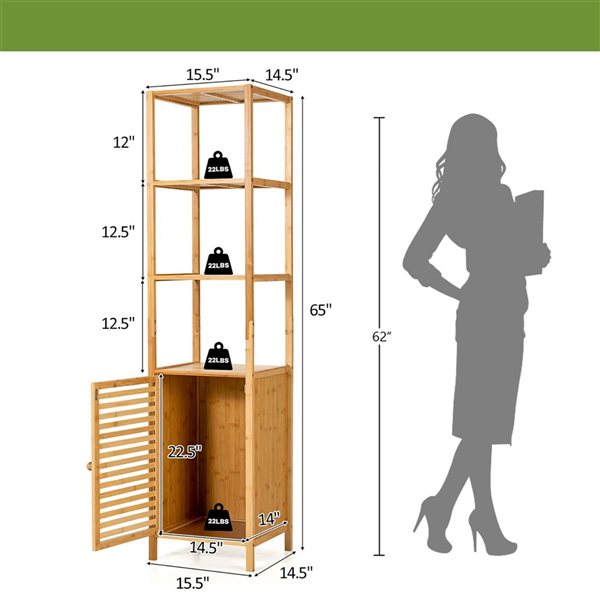 Costway Bamboo 4-Tier Bathroom Storage Floor Cabinet Tower Corner Rack with Louvered Door