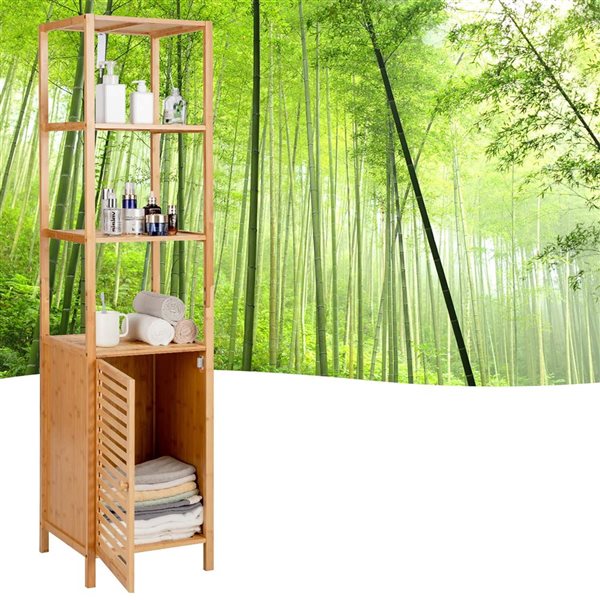 Costway Bamboo 4-Tier Bathroom Storage Floor Cabinet Tower Corner Rack with Louvered Door