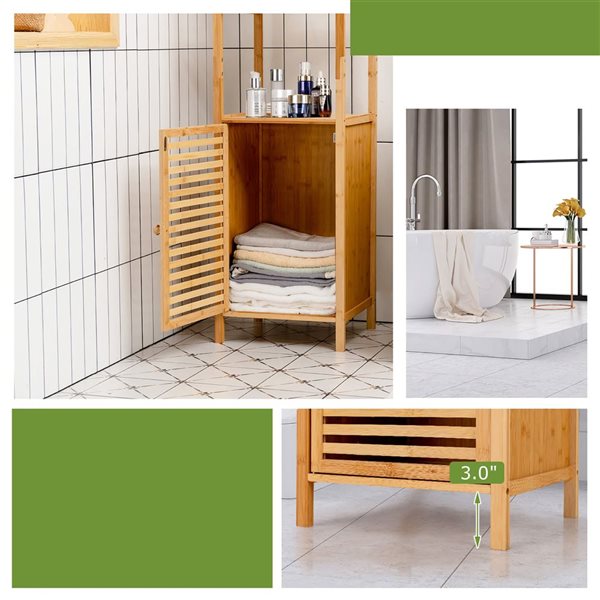 Costway Bamboo 4-Tier Bathroom Storage Floor Cabinet Tower Corner Rack with Louvered Door