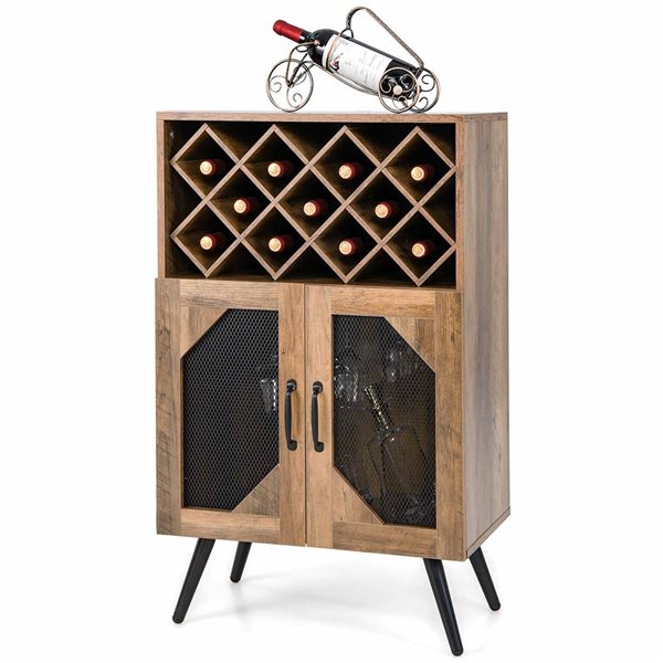 Costway Brown 2-Door Kitchen Storage Bar Cabinet Buffet Sideboard with Wine Rack and Glass Holder