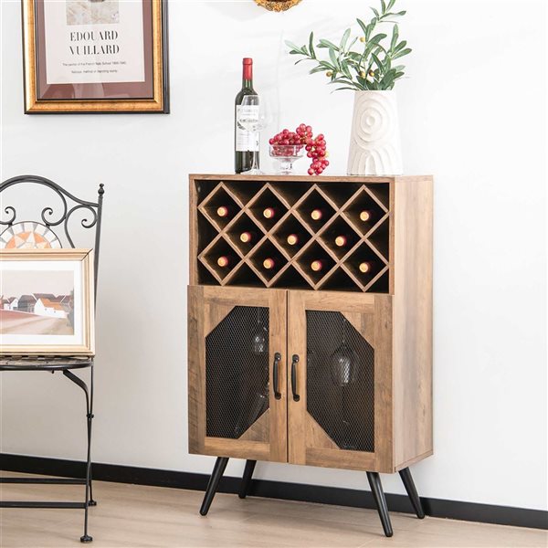 Costway Brown 2-Door Kitchen Storage Bar Cabinet Buffet Sideboard with Wine Rack and Glass Holder