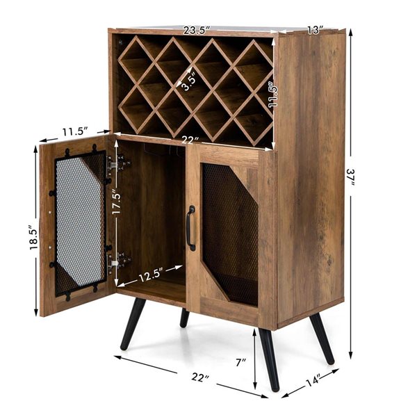 Costway Brown 2-Door Kitchen Storage Bar Cabinet Buffet Sideboard with Wine Rack and Glass Holder