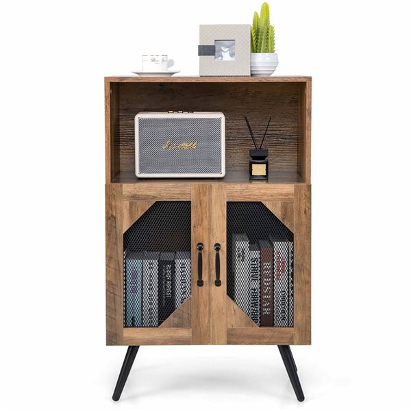 Costway Brown 2-Door Kitchen Storage Bar Cabinet Buffet Sideboard with Wine Rack and Glass Holder