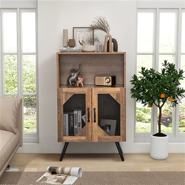 Costway Brown 2-Door Kitchen Storage Bar Cabinet Buffet Sideboard with Wine Rack and Glass Holder