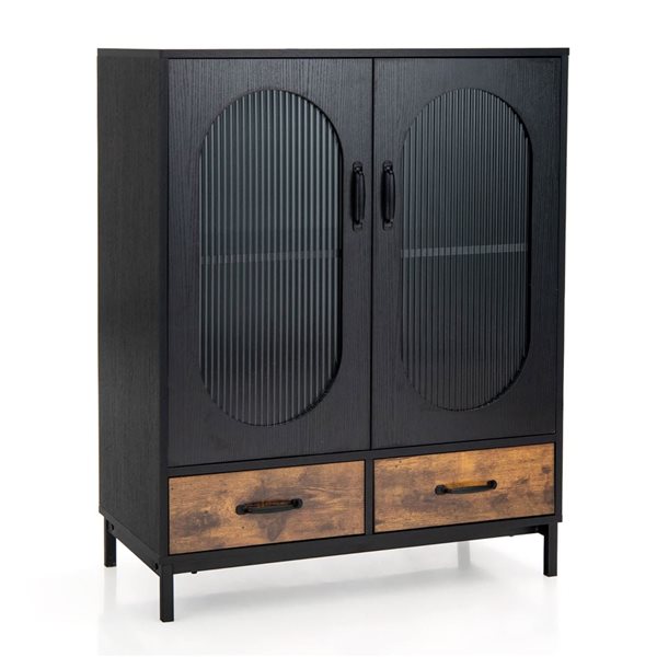 Costway Black Kitchen Storage Cabinet Freestanding Buffet Sideboard Glass Doors and Drawers