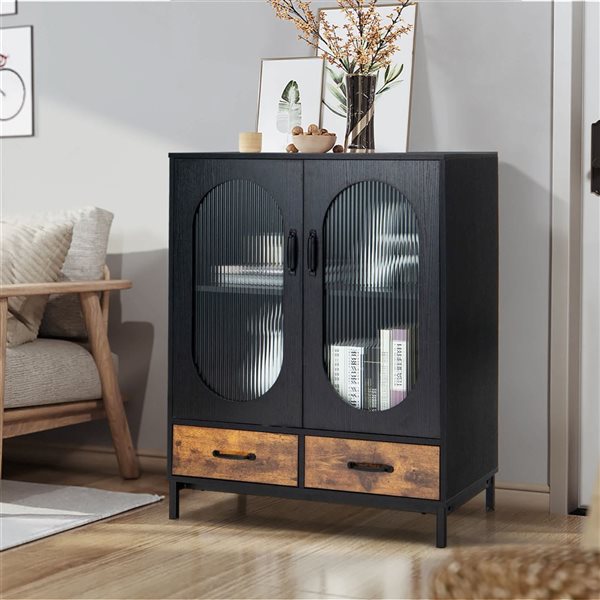 Costway Black Kitchen Storage Cabinet Freestanding Buffet Sideboard Glass Doors and Drawers
