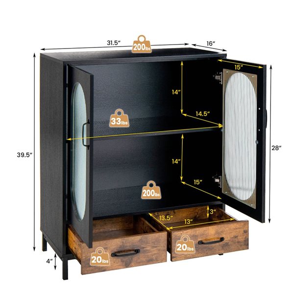 Costway Black Kitchen Storage Cabinet Freestanding Buffet Sideboard Glass Doors and Drawers