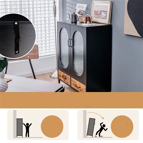 Costway Black Kitchen Storage Cabinet Freestanding Buffet Sideboard Glass Doors and Drawers