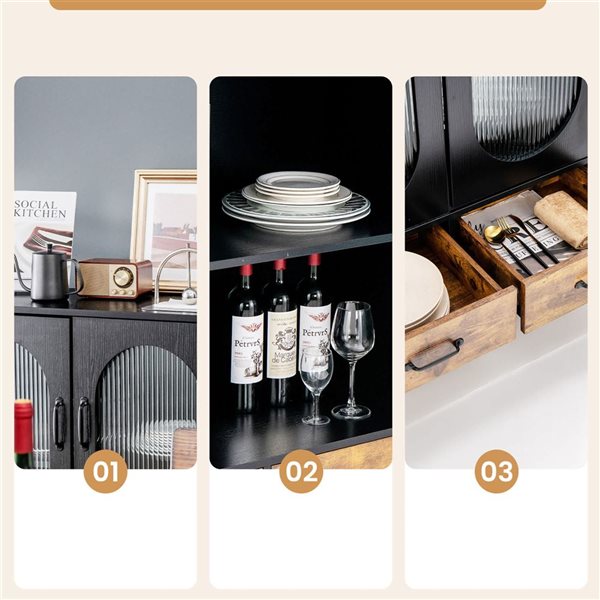 Costway Black Kitchen Storage Cabinet Freestanding Buffet Sideboard Glass Doors and Drawers