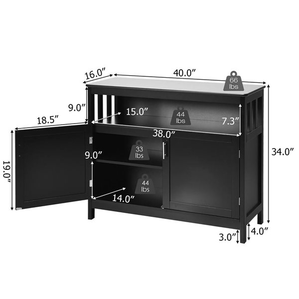 Costway Black Kitchen Buffet Server Sideboard Storage Cabinet with 2 Doors and Shelf