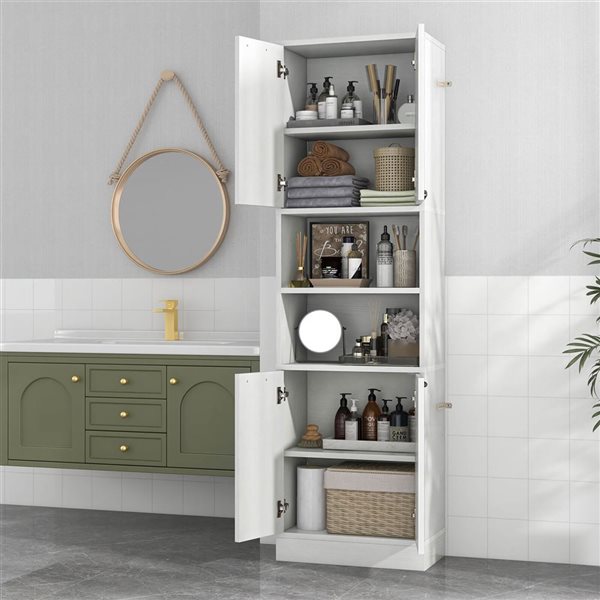 Costway Oak White 75-in Bathroom Storage Cabinet with 4 Doors and 2 Open Compartments Freestanding