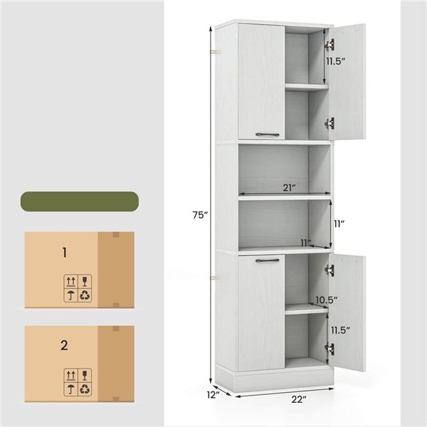 Costway Oak White 75-in Bathroom Storage Cabinet with 4 Doors and 2 Open Compartments Freestanding