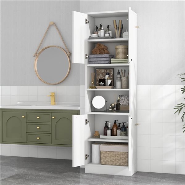 Costway White 75-in Bathroom Storage Cabinet with 4 Doors and 2 Open Compartments Freestanding