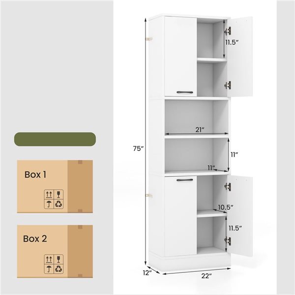 Costway White 75-in Bathroom Storage Cabinet with 4 Doors and 2 Open Compartments Freestanding
