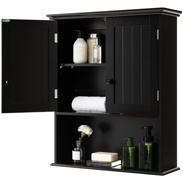 Costway Wall Mount Bathroom/Kitchen/Laundry Room Cabinet w/ Black Knobs - Black