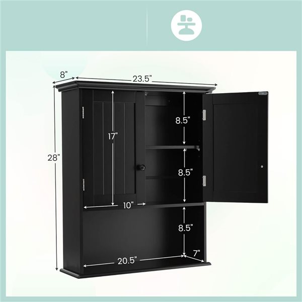 Costway Wall Mount Bathroom/Kitchen/Laundry Room Cabinet w/ Black Knobs - Black