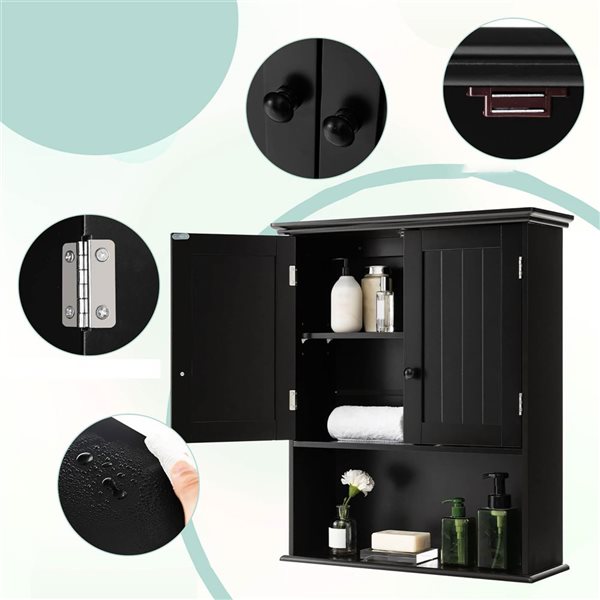 Costway Wall Mount Bathroom/Kitchen/Laundry Room Cabinet w/ Black Knobs - Black