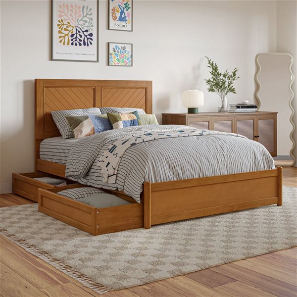AFI Clayton Full Platform Bed with Panel Footboard and 2 Storage Drawers - Light Toffee