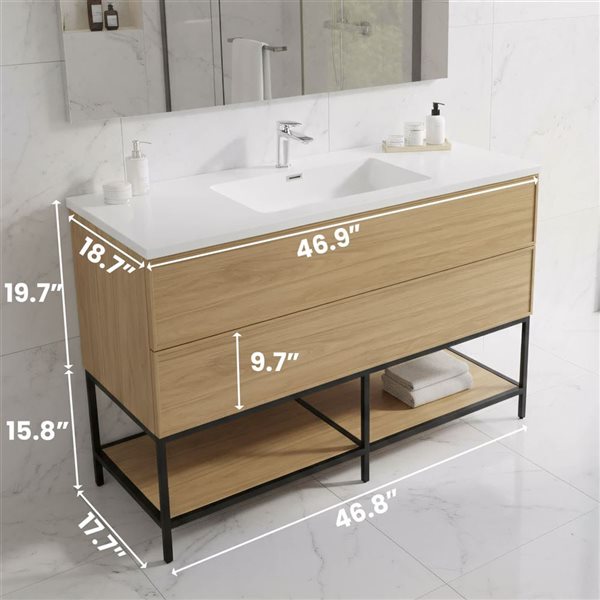 GEF Luxen 48-in W x 19-in D 2-Drawer Bathroom Vanity w/ Polymarble Countertop and Open Shelf - Sunset Walnut