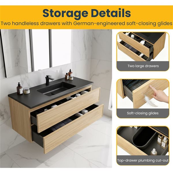 GEF Luxen 48-in W x 19-in D 2-Drawer Floating Bathroom Vanity w/ Black Engineered Quartz Countertop - Sunset Walnut