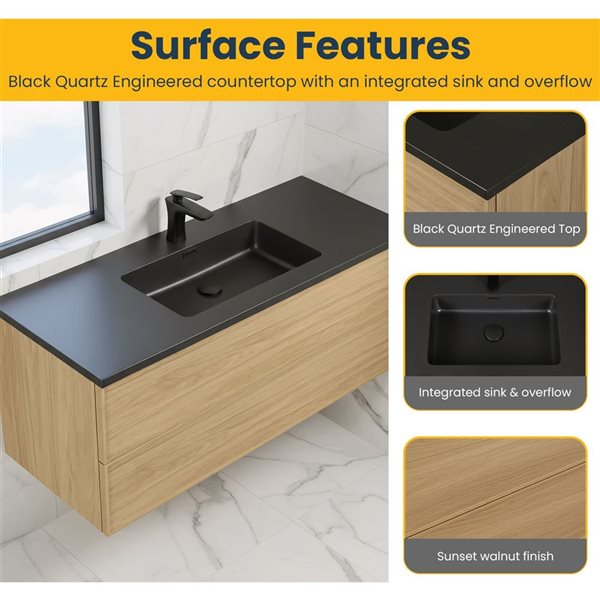 GEF Luxen 48-in W x 19-in D 2-Drawer Floating Bathroom Vanity w/ Black Engineered Quartz Countertop - Sunset Walnut