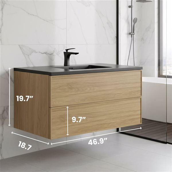 GEF Luxen 48-in W x 19-in D 2-Drawer Floating Bathroom Vanity w/ Black Engineered Quartz Countertop - Sunset Walnut