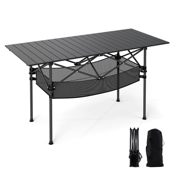 Costway 4-ft Patio Folding Camping Table with Aluminum Roll-up Tabletop and Mesh Basket - Black