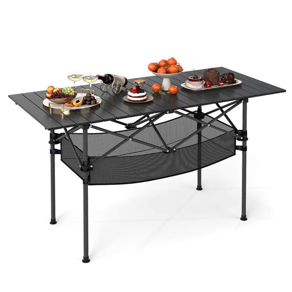 Costway 4-ft Patio Folding Camping Table with Aluminum Roll-up Tabletop and Mesh Basket - Black