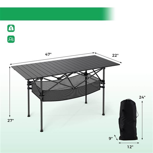Costway 4-ft Patio Folding Camping Table with Aluminum Roll-up Tabletop and Mesh Basket - Black