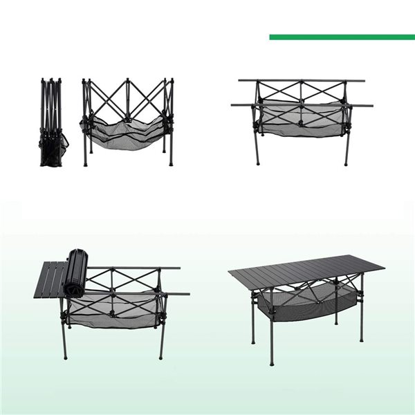 Costway 4-ft Patio Folding Camping Table with Aluminum Roll-up Tabletop and Mesh Basket - Black