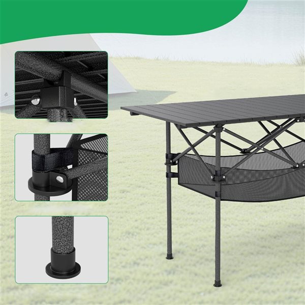Costway 4-ft Patio Folding Camping Table with Aluminum Roll-up Tabletop and Mesh Basket - Black