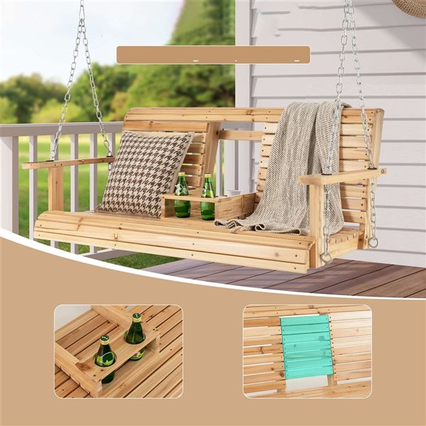 Costway 2-seat Wood Swing Bench with Folding Cup Holder and Sturdy Metal Hanging Chains