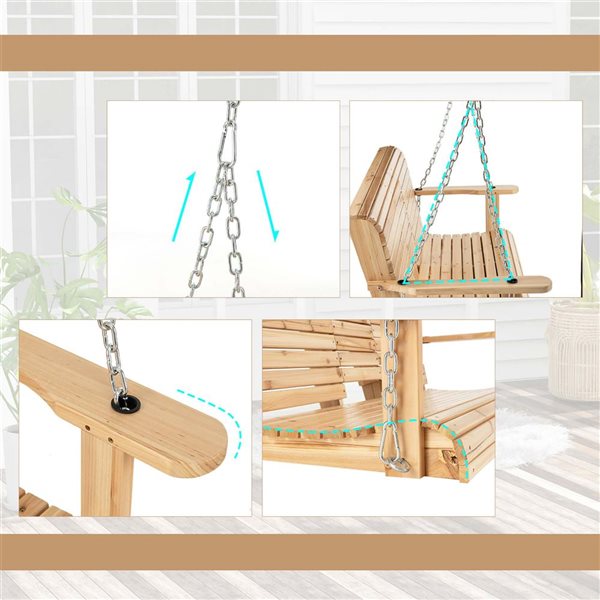 Costway 2-seat Wood Swing Bench with Folding Cup Holder and Sturdy Metal Hanging Chains