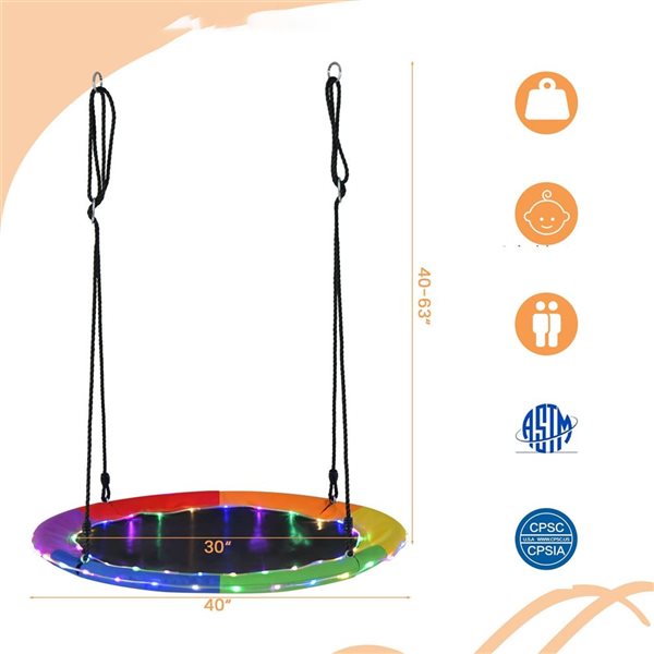 Costway 40-in Outdoor LED Lighted Saucer Tree Swing for Kids/Adults - Rainbow Colour