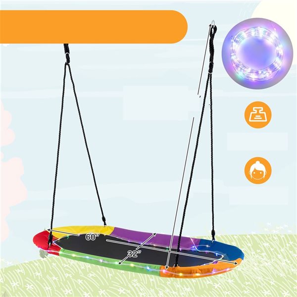 Costway 60-in LED Lighted Platform Tree  Saucer Swing with Adjustable Ropes - Rainbow Colour