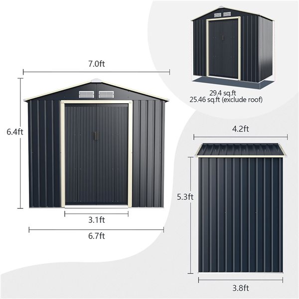 Costway 7 x 4-ft Metal Storage Shed for Garden and Tools -Grey