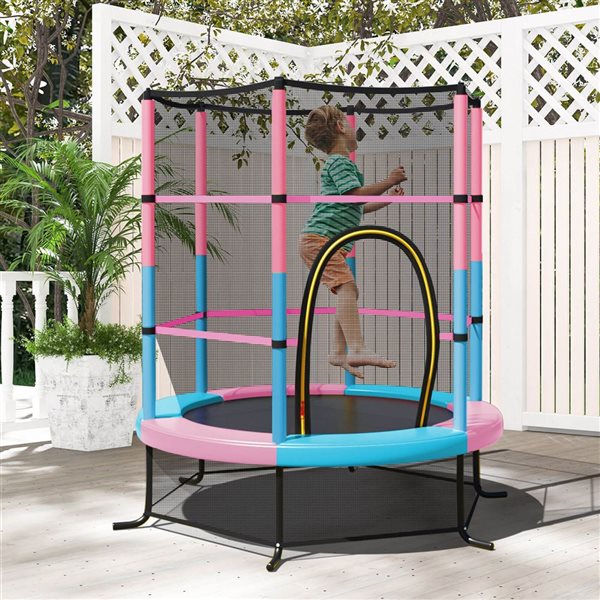 Costway 55-in Kids Trampoline Bouncing Jumping Mat Recreational Trampoline with Enclosure Net - Multicolour