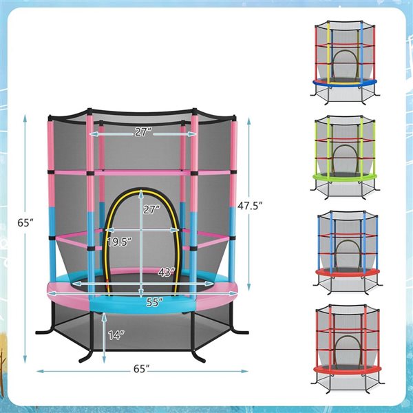 Costway 55-in Kids Trampoline Bouncing Jumping Mat Recreational Trampoline with Enclosure Net - Multicolour