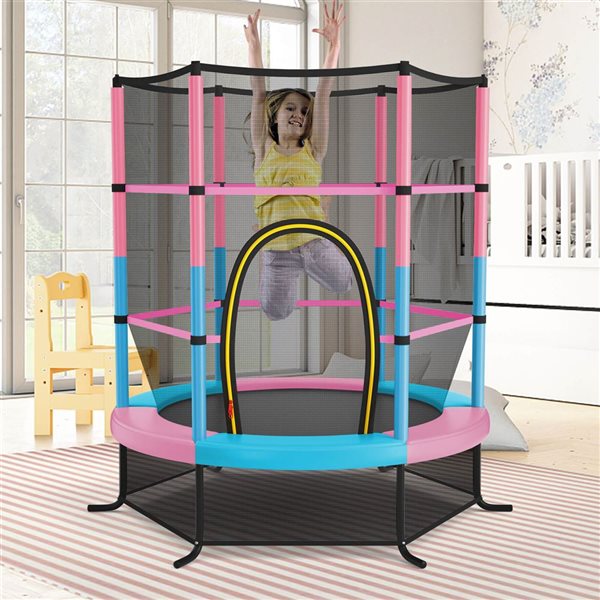 Costway 55-in Kids Trampoline Bouncing Jumping Mat Recreational Trampoline with Enclosure Net - Multicolour