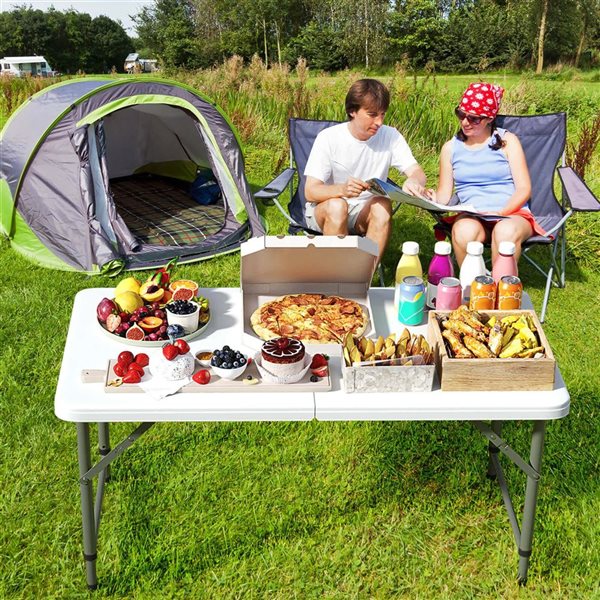 Costway 4-ft Portable Foldable Camping Table with HDPE Tabletop and Metal Legs for Party - White