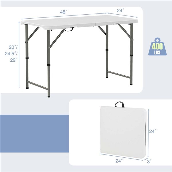 Costway 4-ft Portable Foldable Camping Table with HDPE Tabletop and Metal Legs for Party - White
