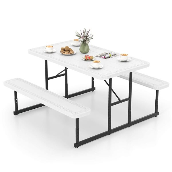 Costway 2-4 Person Rectangle Iron Picnic Table Bench Set - White