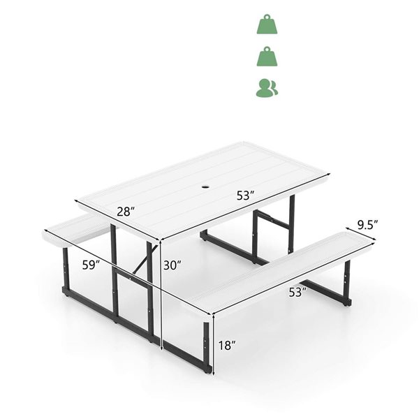 Costway 2-4 Person Rectangle Iron Picnic Table Bench Set - White