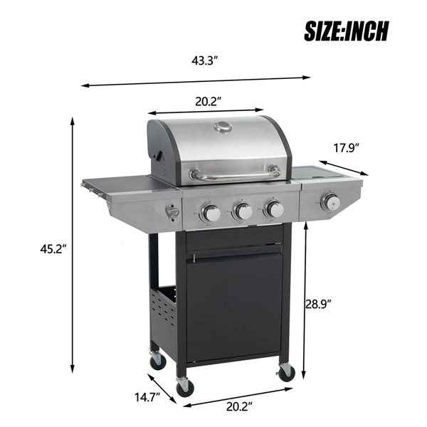 Clihome Silver and Black 3-Burner Propane Gas Grill with Side Burner and Thermometer