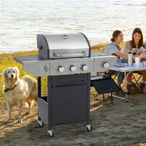 Clihome Silver and Black 3-Burner Propane Gas Grill with Side Burner and Thermometer
